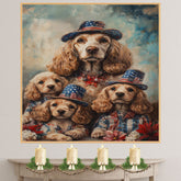 Mother Cocker Spaniel and Three Puppies in Patriotic Outfits with Stars and Flowers on Ready to Hang 1.5" Thick Canvas Wrap, Floating Framed Canvas, Flat Rolled Canvas